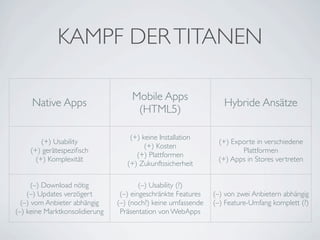 KAMPF DER TITANEN

                                    Mobile Apps
     Native Apps                                                  Hybride Ansätze
                                     (HTML5)

                                    (+) keine Installation
        (+) Usability                                           (+) Exporte in verschiedene
                                         (+) Kosten
    (+) gerätespeziﬁsch                                                Plattformen
                                      (+) Plattformen
      (+) Komplexität                                           (+) Apps in Stores vertreten
                                   (+) Zukunftssicherheit

      (–) Download nötig                (–) Usability (?)
    (–) Updates verzögert        (–) eingeschränkte Features   (–) von zwei Anbietern abhängig
  (–) vom Anbieter abhängig     (–) (noch?) keine umfassende   (–) Feature-Umfang komplett (?)
(–) keine Marktkonsolidierung    Präsentation von WebApps
 