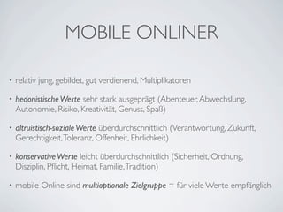 MOBILE ONLINER

•   relativ jung, gebildet, gut verdienend, Multiplikatoren

•   hedonistische Werte sehr stark ausgeprägt (Abenteuer, Abwechslung,
    Autonomie, Risiko, Kreativität, Genuss, Spaß)

•   altruistisch-soziale Werte überdurchschnittlich (Verantwortung, Zukunft,
    Gerechtigkeit, Toleranz, Offenheit, Ehrlichkeit)

•   konservative Werte leicht überdurchschnittlich (Sicherheit, Ordnung,
    Disziplin, Pﬂicht, Heimat, Familie, Tradition)

•   mobile Online sind multioptionale Zielgruppe = für viele Werte empfänglich
 