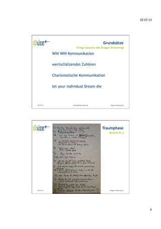 02.07.13	
  
4	
  
02.07.13	
   areisky@adviseplus.de	
   	
  	
  Dragon	
  Dreaming	
  8	
  
Grundsätze
WIN WIN Kommunikation
wertschätzendes Zuhören
Charismatische Kommunikation
let your individual Dream die
Einige Gesetze des Dragon Dreamings
02.07.13	
   areisky@adviseplus.de	
   	
  	
  Dragon	
  Dreaming	
  10	
  
Traumphase
Mitschrift 2
 