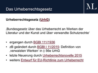 Das Urheberrechtsgesetz
Urheberrechtsgesetz (UrhG)
‚Bundesgesetz über das Urheberrecht an Werken der
Literatur und der Kunst und über verwandte Schutzrechte‘
• ergangen durch BGBl 111/1936
• zB geändert durch BGBl I 11/2015: Definition von
‚verwaisten Werken‘ in § 56e UrhG
• letzte Neuerung durch Urheberrechtsnovelle 2015
• weiters Entwurf für EU-Richtlinie zum Urheberrecht
 