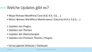 Welche Updates gibt es?
• Major Release WordPress Core (4.8, 4.9, 5.0, ...)
• Minor Release WordPress Maintenance / Security (4.9.2, 5.0.3, …)
• Updates von Plugins
• Updates von Themes
• Updates der Übersetzungen
• Updates von Premium Themes / Plugins
• Serverupdates Software / Hardware
19.02.2019 WordPress Wartung mit InfiniteWP 4
 