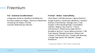 Freemium
Free - kostenlose Grundfunktionen Premium - Addons - kostenpflichtig
unbegrenzte Anzahl an WordPress-Installationen
One-Klick Update von Plugins, Themes und WordPress
Verwaltung von Plugins / Themes
manuelle lokale Backups / Restore
Client Report / WP Maintenance / Uptime Monitor /
Google Analytcis / Install-Clone WordPress / Schedule
Backups / Cloud Backup / Manage Users / Code
Snippets / Client Branding Plugin / Vulnerability
Updates / Staging / Duo Security – 2 Factor
authentication / Publish posts, pages & links /
Wordfence Security* / Sucuri Malware Scanner* / WP
Time Capsule / Manage Comments / Broken Link
Checker* / iThemes Security* / Google Safe Browsing
/ Google Page Speed / File Uploader / Google
Webmaster
* separates Plugin in WP-Instanz notwendig
19.02.2019 WordPress Wartung mit InfiniteWP 9
 
