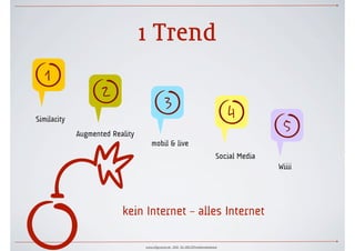 1 Trend
! "
    § $



        %
Similarity
             Augmented Reality
                                    mobil & live
                                                                                Social Media
                                                                                               Wiiii




                          kein Internet – alles Internet

                                 www.ulfgruener.de 2010 für ARD.ZDFmedienakademie
 