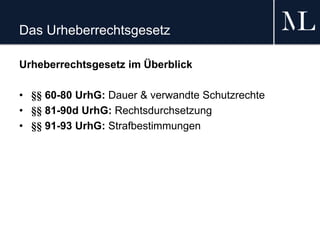 Das Urheberrechtsgesetz
Urheberrechtsgesetz im Überblick
• §§ 60-80 UrhG: Dauer & verwandte Schutzrechte
• §§ 81-90d UrhG: Rechtsdurchsetzung
• §§ 91-93 UrhG: Strafbestimmungen
 