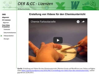 © Martina Grosty
OER
CC-Lizenzen
Allgemein
Foto/Video
Produktion
OER & CC - Lizenzen
Allgemein
Fotostudio
Dokumentenkamera
Videoproduktion
Übungen
Erstellung von Videos für den Chemieunterricht
Quelle: Erstellung von Videos für den Chemieunterricht | Martina Grosty auf WordPress.com. Online verfügbar
unter https://grosty.wordpress.com/2016/08/17/erstellung-von-videos-fuer-den-chemieunterricht/, zuletzt
geprüft am 22.09.2017.
>
 
