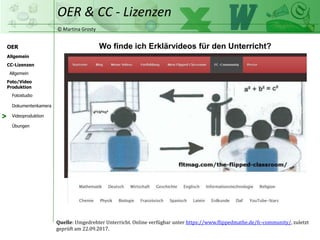 © Martina Grosty
OER
CC-Lizenzen
Allgemein
Foto/Video
Produktion
OER & CC - Lizenzen
Allgemein
Fotostudio
Dokumentenkamera
Videoproduktion
Übungen
Wo finde ich Erklärvideos für den Unterricht?
Quelle: Umgedrehter Unterricht. Online verfügbar unter https://www.flippedmathe.de/fc-community/, zuletzt
geprüft am 22.09.2017.
>
 
