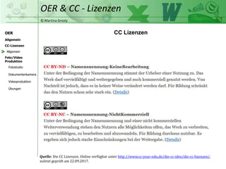 © Martina Grosty
OER
CC-Lizenzen
Allgemein
Foto/Video
Produktion
OER & CC - Lizenzen
Allgemein
Fotostudio
Dokumentenkamera
Videoproduktion
Übungen
CC Lizenzen
Quelle: Die CC Lizenzen. Online verfügbar unter http://www.cc-your-edu.de/die-cc-idee/die-cc-lizenzen/,
zuletzt geprüft am 22.09.2017.
>
 