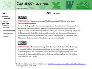 © Martina Grosty
OER
CC-Lizenzen
Allgemein
Foto/Video
Produktion
OER & CC - Lizenzen
Allgemein
Fotostudio
Dokumentenkamera
Videoproduktion
Übungen
CC Lizenzen
Quelle: Die CC Lizenzen. Online verfügbar unter http://www.cc-your-edu.de/die-cc-idee/die-cc-lizenzen/,
zuletzt geprüft am 22.09.2017.
>
 