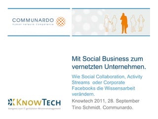 Mit Social Business zum vernetzten Unternehmen. Wie Social Collaboration, Activity Streams  oder Corporate Facebooks die Wissensarbeitverändern. Knowtech 2011, 28. September Tino Schmidt. Communardo. 