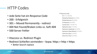 HTTP Codes
• Jede Seite hat ein Response Code
• 200 - Erfolgreich
• 301 – Moved Permanently - redirect
• 404 Not Found/Broken Links vs. Soft-404
• 500 Server Fehler
• Htaccess vs. Redirect Plugin
• Redirect Schleifen vermeiden – bspw. https > http > https
• Better Search replace
14.09.2019 11Technisches SEO
 