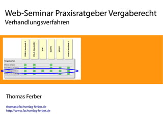 Web-Seminar Praxisratgeber Vergaberecht 
Verhandlungsverfahren 
Thomas Ferber 
thomas@fachverlag-ferber.de 
http://www.fachverlag-ferber.de 
 