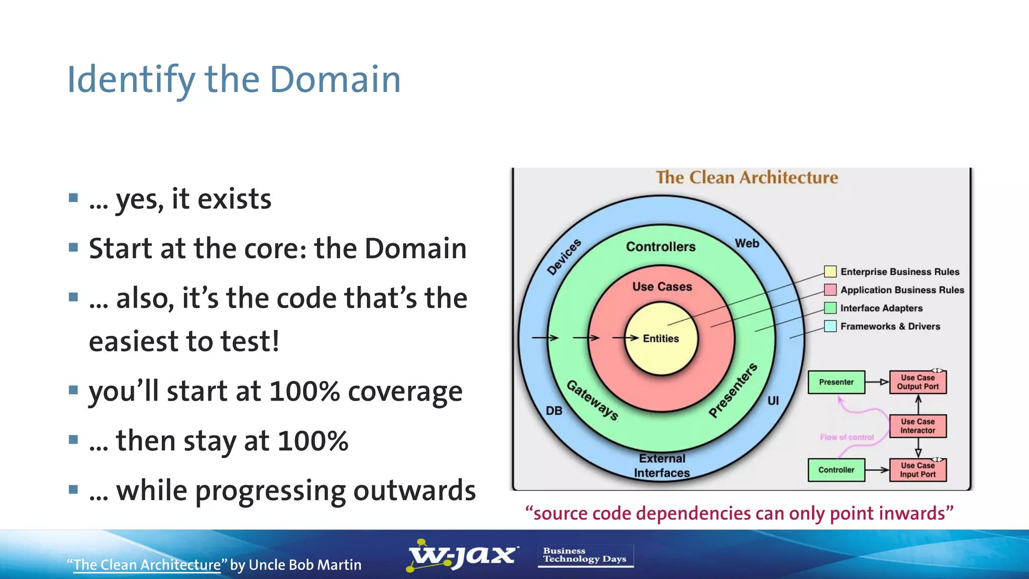 Identify the Domain
“The Clean Architecture”by Uncle Bob Martin
 … yes, it exists
 Start at the core: the Domain
 … also, it’s the code that’s the
easiest to test!
 you’ll start at 100% coverage
 … then stay at 100%
 … while progressing outwards
“source code dependencies can only point inwards”
 