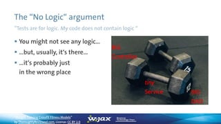 The “No Logic“ argument
”Tests are for logic. My code does not contain logic “
 You might not see any logic…
 …but, usually, it‘s there…
 …it‘s probably just
in the wrong place
BIG
Controller
BIG
DAO
tiny
Service
“Weight Training Crossfit Fitness Models”
by ThoroughlyReviewed.com, License: CC BY 2.0
 