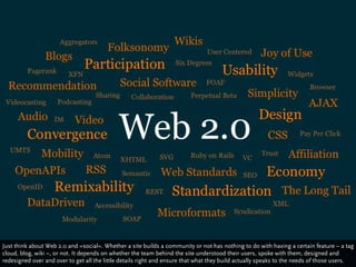 Just think about Web 2.0 and »social«. Whether a site builds a community or not has nothing to do with having a certain feature – a tag
cloud, blog, wiki –, or not. It depends on whether the team behind the site understood their users, spoke with them, designed and
redesigned over and over to get all the little details right and ensure that what they build actually speaks to the needs of those users.
 