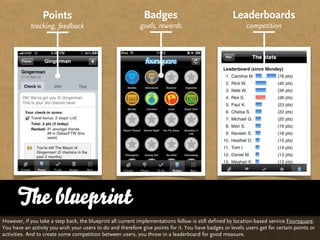 Points                                       Badges                                 Leaderboards
            tracking, feedback                              goals, rewards                                 competition




      The blueprint
However, if you take a step back, the blueprint all current implementations follow is still defined by location-based service Foursquare.
You have an activity you wish your users to do and therefore give points for it. You have badges or levels users get for certain points or
activities. And to create some competition between users, you throw in a leaderboard for good measure.
 