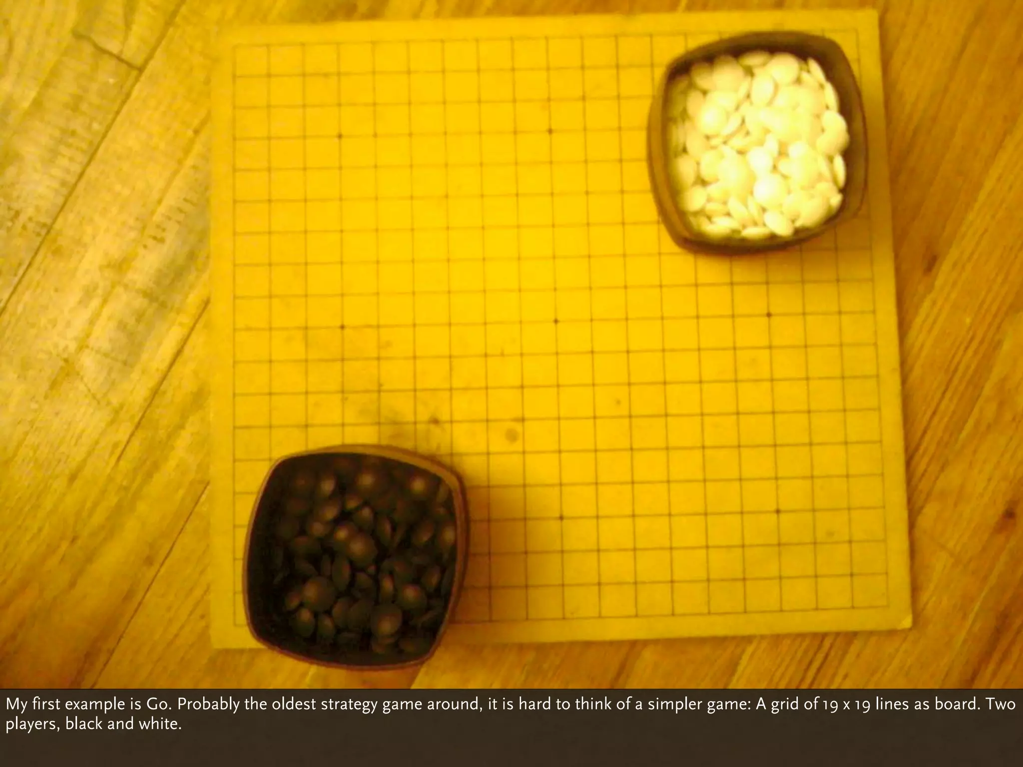 My first example is Go. Probably the oldest strategy game around, it is hard to think of a simpler game: A grid of 19 x 19 lines as board. Two
players, black and white.
 
