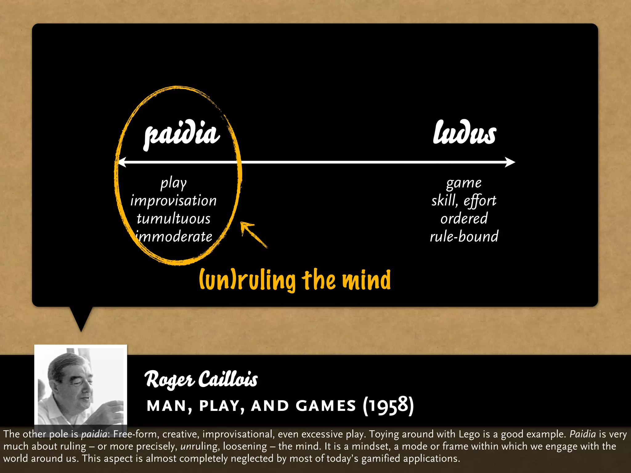 paidia                                                            ludus
                                 play                                                               game
                            improvisation                                                        skill, effort
                              tumultuous                                                           ordered
                             immoderate                                                          rule-bound

                                            (un)ruling the mind


                                Roger Caillois
                                man, play, and games (1958)
The other pole is paidia: Free-form, creative, improvisational, even excessive play. Toying around with Lego is a good example. Paidia is very
much about ruling – or more precisely, unruling, loosening – the mind. It is a mindset, a mode or frame within which we engage with the
world around us. This aspect is almost completely neglected by most of today’s gamified applications.
 