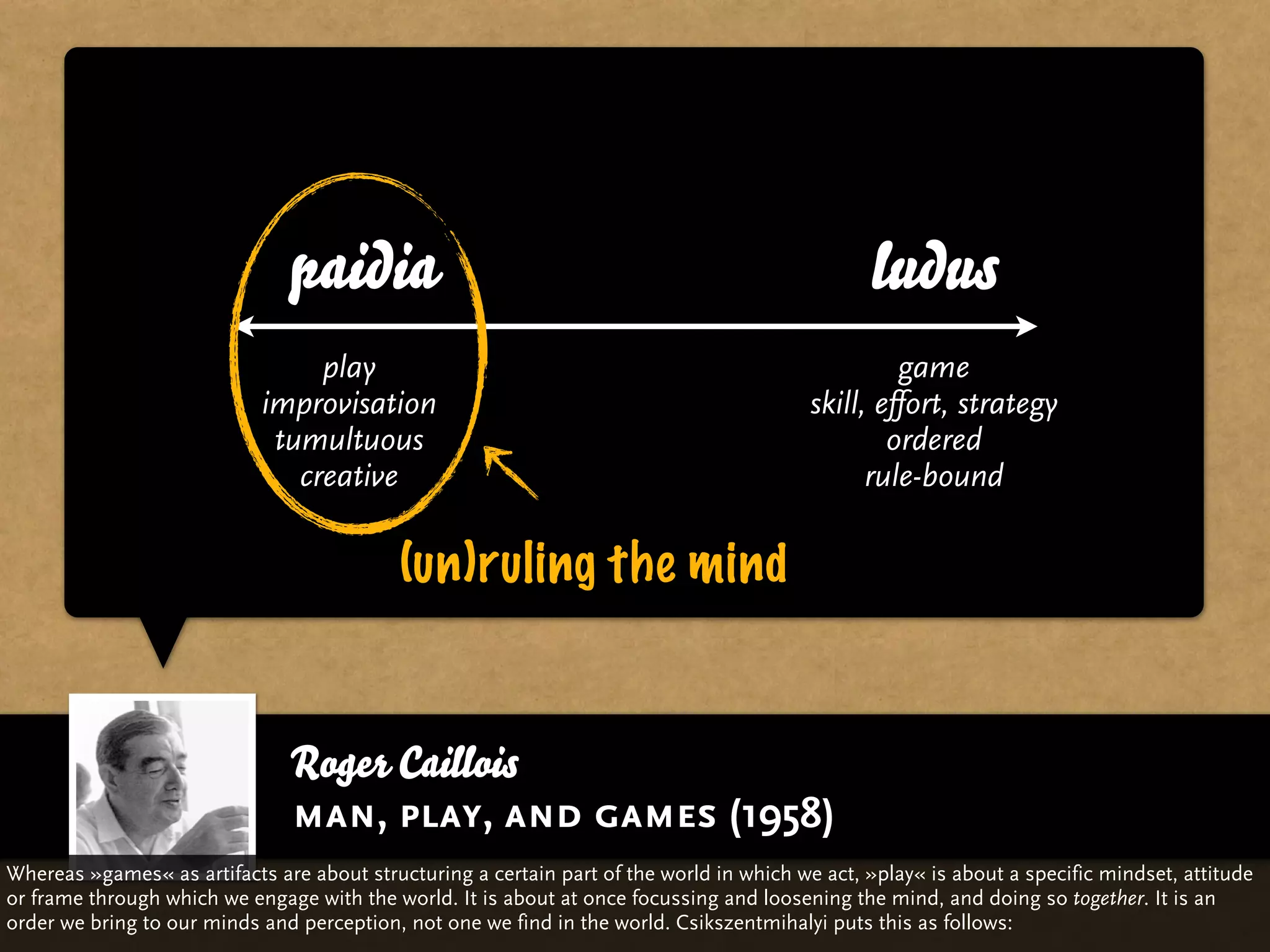 paidia                                                            ludus
                                 play                                                              game
                            improvisation                                                 skill, effort, strategy
                             tumultuous                                                           ordered
                               creative                                                         rule-bound

                                            (un)ruling the mind


                               Roger Caillois
                               man, play, and games (1958)
Whereas »games« as artifacts are about structuring a certain part of the world in which we act, »play« is about a specific mindset, attitude
or frame through which we engage with the world. It is about at once focussing and loosening the mind, and doing so together. It is an
order we bring to our minds and perception, not one we find in the world. Csikszentmihalyi puts this as follows:
 