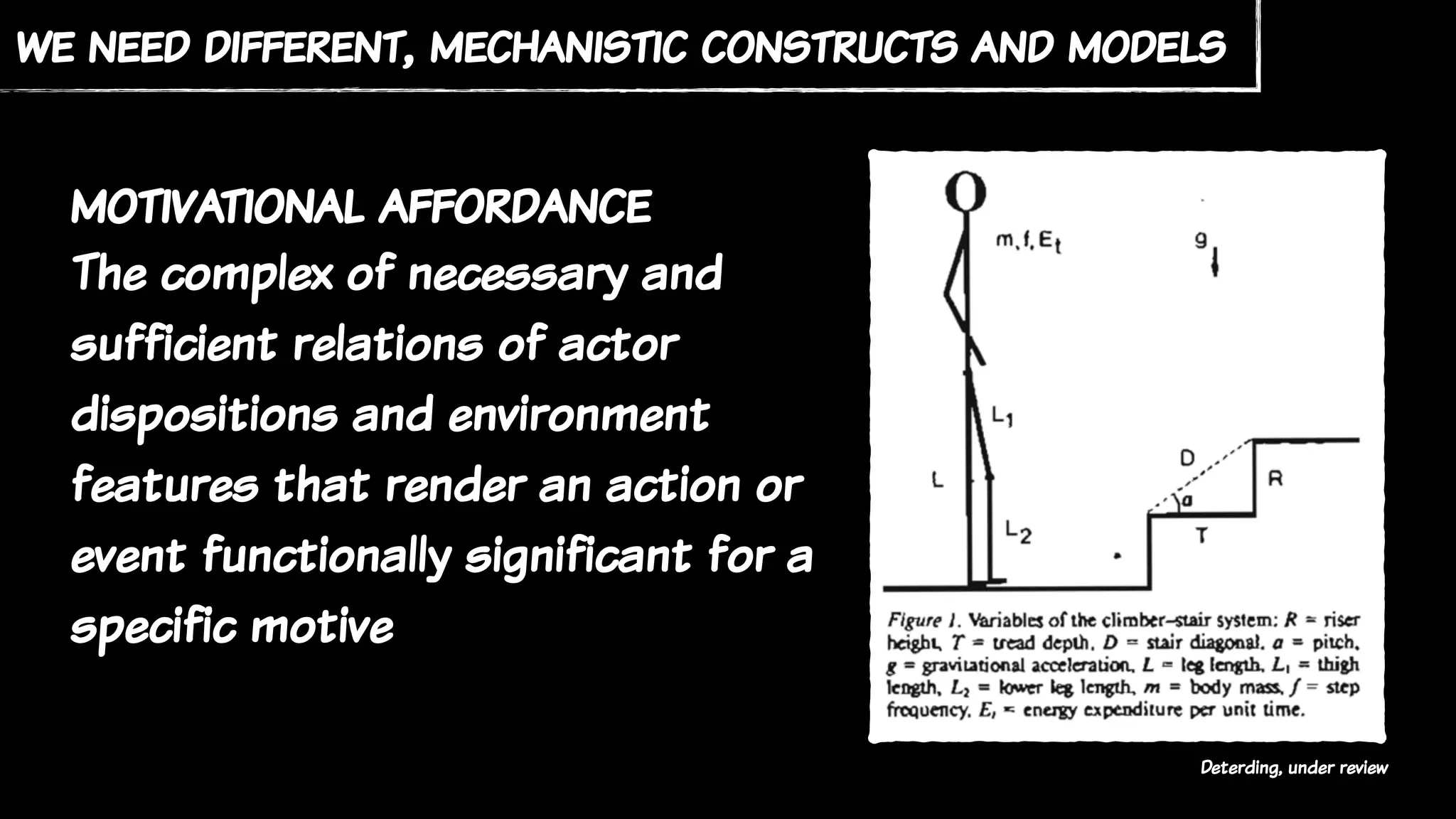 we need different, mechanistic constructs and models
Deterding, under review
motivational affordance
The complex of necessary and
sufficient relations of actor
dispositions and environment
features that render an action or
event functionally significant for a
specific motive
 
