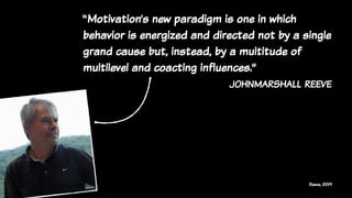 “Motivation’s new paradigm is one in which
behavior is energized and directed not by a single
grand cause but, instead, by a multitude of
multilevel and coacting influences.”
johnmarshall reeve
Reeve, 2009
 