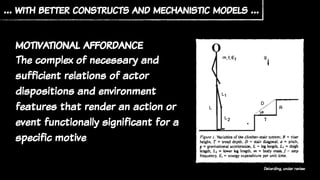 … with better constructs and mechanistic models …
Deterding, under review
motivational affordance
The complex of necessary and
sufficient relations of actor
dispositions and environment
features that render an action or
event functionally significant for a
specific motive
 
