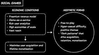 social games
economic conditions aesthetic forms
• Freemium revenue model
• Game-as-a-service
• Rich user analytics
• High economies of scale
• Vast reach
• Free-to-play
• Hyper-casual difficulty,
positive themes
• “Dark patterns” that
drive acquisition,
retention, monetisation
• Maximise user acquisition and
lifetime monetisation
 