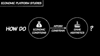 how do economic
conditions
game
aesthetics
afford
?
economic platform studies
constrain
 