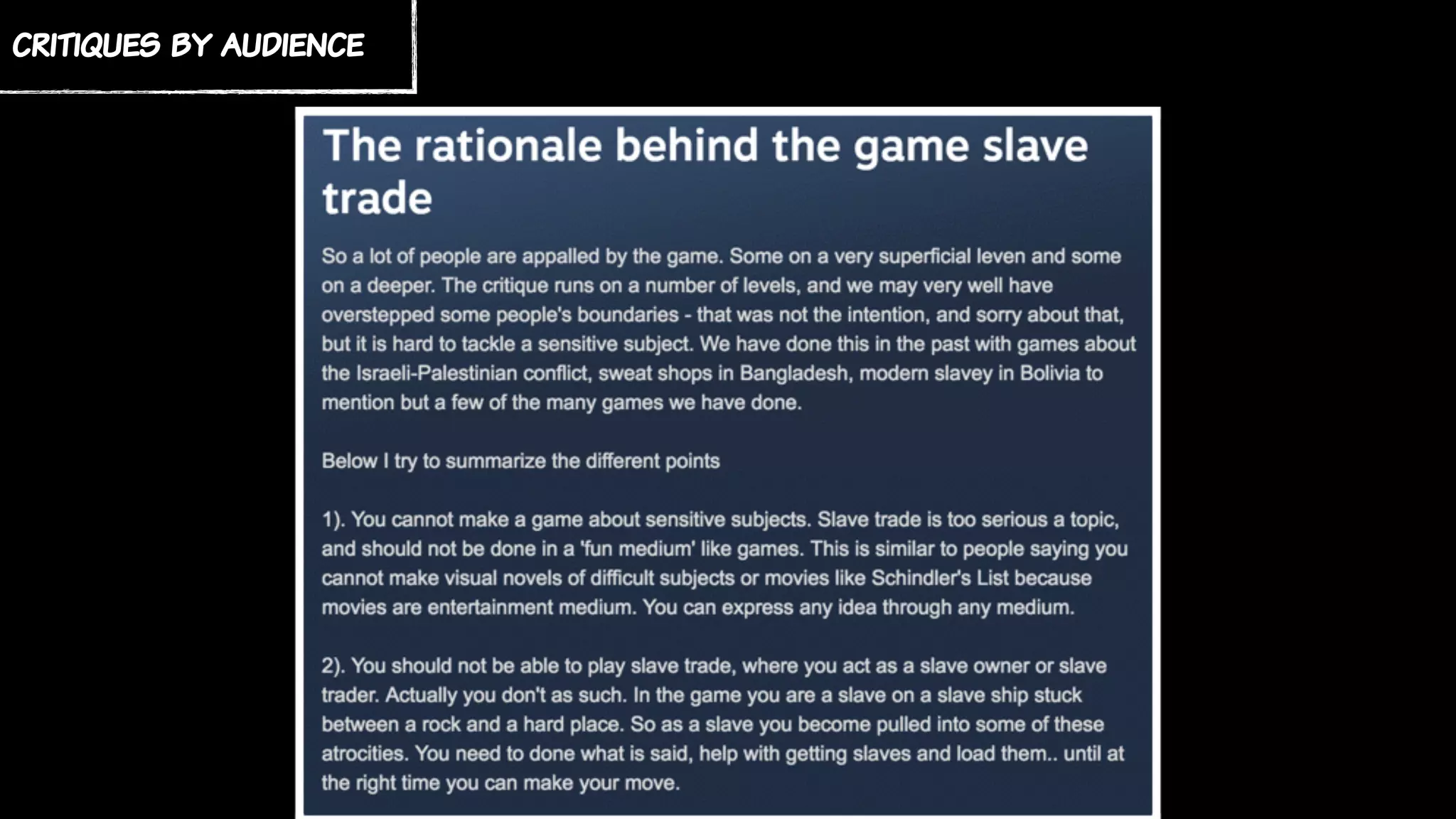 critiques by audience
 