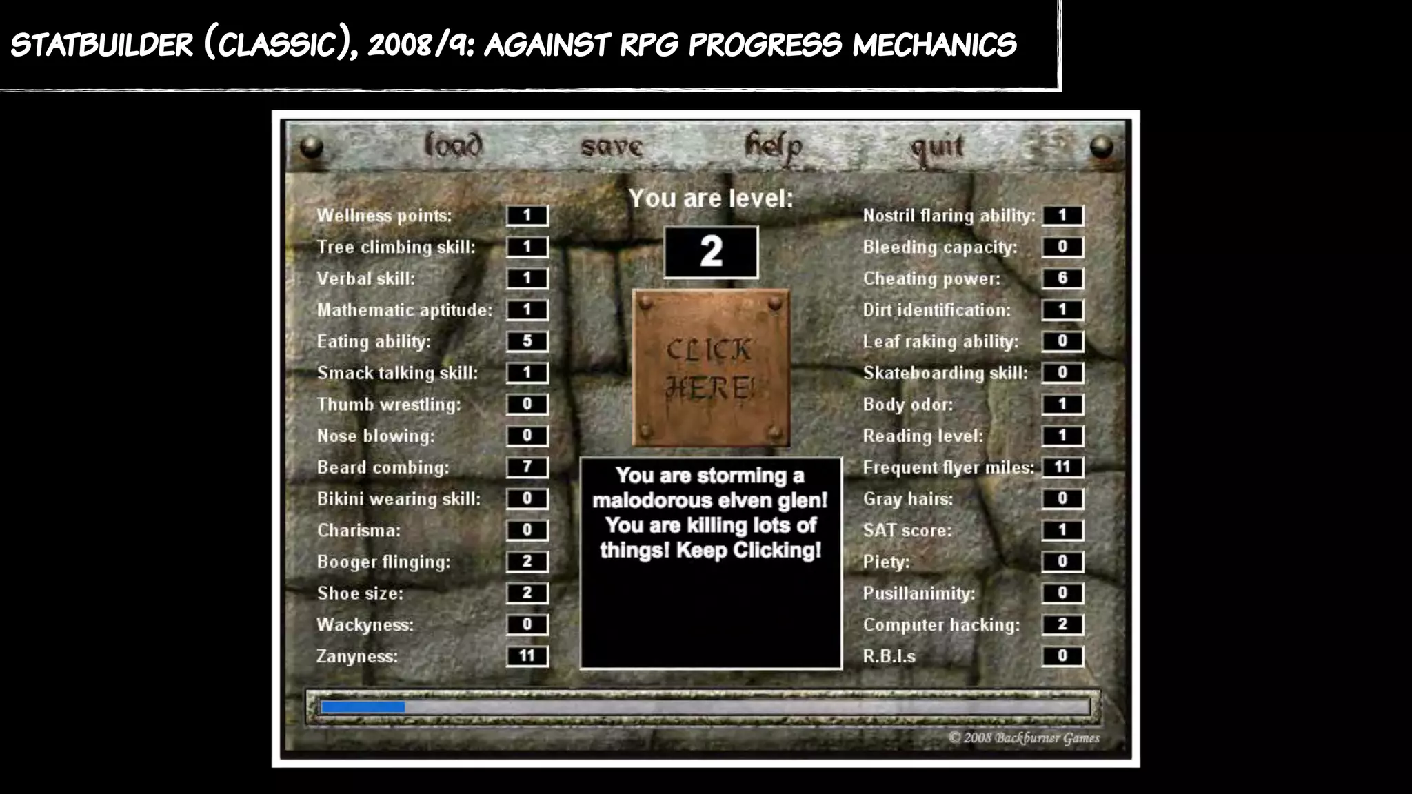 statbuilder (classic), 2008/9: against rpg progress mechanics
 