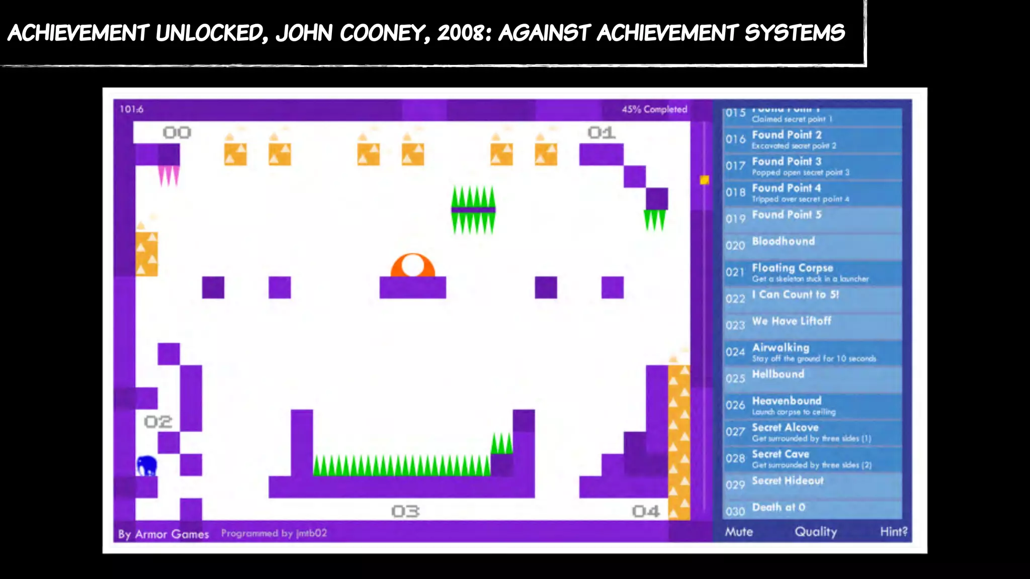 achievement unlocked, john cooney, 2008: against achievement systems
 