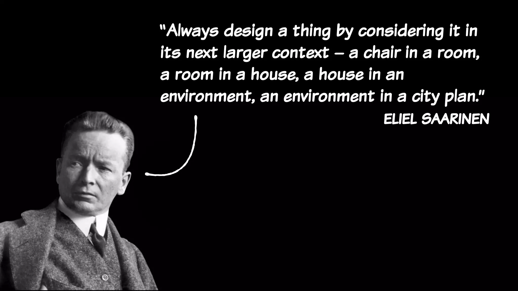 “Always design a thing by considering it in
its next larger context – a chair in a room,
a room in a house, a house in an
environment, an environment in a city plan.”
eliel saarinen
 
