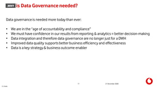 C1 Public
11 21 December 2020
is Data Governance needed?
Data governance is needed more today than ever:
• We are in the “age of accountability and compliance”
• We must have confidence in our results from reporting & analytics = better decision-making
• Data integration and therefore data governance are no longer just for a DWH
• Improved data quality supportsbetter business efficiency and effectiveness
• Data is a key strategy& business outcome enabler
.WHY
 
