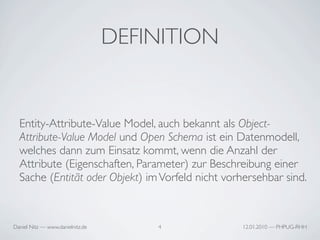 DEFINITION


  Entity-Attribute-Value Model, auch bekannt als Object-
  Attribute-Value Model und Open Schema ist ein Date...