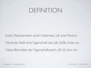 DEFINITION


  Entity: Repräsentiert einen Datensatz, z.B. eine Produkt.

  Attribute: Stellt eine Eigenschaft dar, z.B. G...