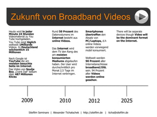 Zukunft von Broadband Videos Sitefilm Seminare  |  Alexander Tichatschek  |  http://sitefilm.de  |  [email_address] Heute wird  in jeder Minute 24 Stunden  Videomaterial zu You Tube hochgeladen. You Tube zeigt  täglich  weltweit  1Milliarde  Videos. In  Deutschland wöchentlich 15 Millionen Nach Google ist  YouTube  die am  meisten besuchte Seite im Internet . Das Video   von  Soulja Boy  „Crank Dat“ bekam über  487 Millionen Klicks Smartphones übertreffen  den Absatz von  PC/Laptops,  d.h online Videos werden vorwiegend mobil konsumiert. Weltweit werden  90 Prozent  aller Internetanschlüsse  broadband/DSL  sein. 94 Prozent aller  Videos werden online gesehen . There will be separate devices though  Video will be the dominant format on the Internet. Rund  50 Prozent  des Datenvolumens im  Internet  besteht aus  online Videos. Das  Internet  wird dem TV den Rang des am  meisten konsumierten Mediums  abgelaufen haben. Der User wird durchschnittlich pro Monat 2,5 Tage im Internet verbringen. 2009 2010 2012 2025 