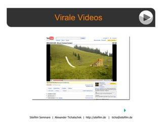 Virale Videos Sitefilm Seminare  |  Alexander Tichatschek  |  http://sitefilm.de  |  [email_address] 4 