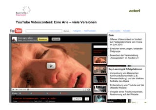 YouTube Videocontest: Eine Arie – viele Versionen


                                                    Ziele
                                                    • Offener Videocontest im Vorfeld
                                                      zur Festspielpremiere von Tosca
                                                      im Juni 2010
                                                    • Erreichen einer jungen, kreativen
                                                      Zielgruppe
                                                    • Bewerben der Veranstaltung
                                                      „Toscapiraten“ im Pavillon 21




                                                    Key Learning & Erfolgsfaktoren
                                                    • Verquickung von klassischen
                                                      Kommunikationsmitteln (z.B.
                                                      Pressemitteilung) und der direkten
                                                      Teilhabe des Users
                                                    • Einbeziehung von Youtube auf die
                                                      offizielle Website
                                                    • Vergabe eines Publikumspreises,
                                                      Abstimmung auf der Website


                                                                09. September 2010 |       25
 