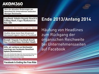 Ende 2013/Anfang 2014
Häufung von Headlines
zum Rückgang der
organischen Reichweite
bei Unternehmensseiten
auf Facebook
via allfacebook.de, adage, wearesocial,
insidefacebook.com, t3n, valleywag
 
