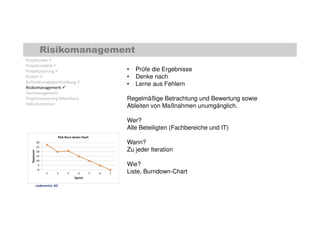 Risikomanagement 
Projektziele  
Projektumfeld  
Projektplanung  
Kosten  
Anforderungsbeschreibung  
Risikomanagement  
Testmanagement 
Projektsteuerung (Metriken) 
Dokumentation 
• Prüfe die Ergebnisse 
• Denke nach 
• Lerne aus Fehlern 
Regelmäßige Betrachtung und Bewertung sowie 
Ableiten von Maßnahmen unumgänglich. 
Wer? 
Alle Beteiligten (Fachbereiche und IT) 
Wann? 
Zu jeder Iteration 
Wie? 
Liste, Burndown-Chart 
codecentric AG 
 