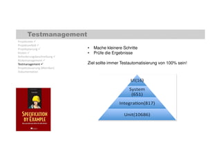 Testmanagement 
Projektziele  
Projektumfeld  
Projektplanung  
Kosten  
Anforderungsbeschreibung  
Risikomanagement  
Testmanagement  
Projektsteuerung (Metriken) 
Dokumentation 
• Mache kleinere Schritte 
• Prüfe die Ergebnisse 
Ziel sollte immer Testautomatisierung von 100% sein! 
 