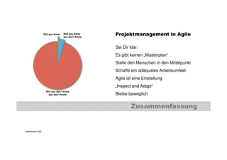 Projektmanagement in Agile 
Sei Dir klar: 
Es gibt keinen „Masterplan“ 
Stelle den Menschen in den Mittelpunkt 
Schaffe ein adäquates Arbeitsumfeld 
Agile ist eine Einstellung 
„Inspect and Adapt“ 
Bleibe beweglich 
Zusammenfassung 
codecentric AG 
 