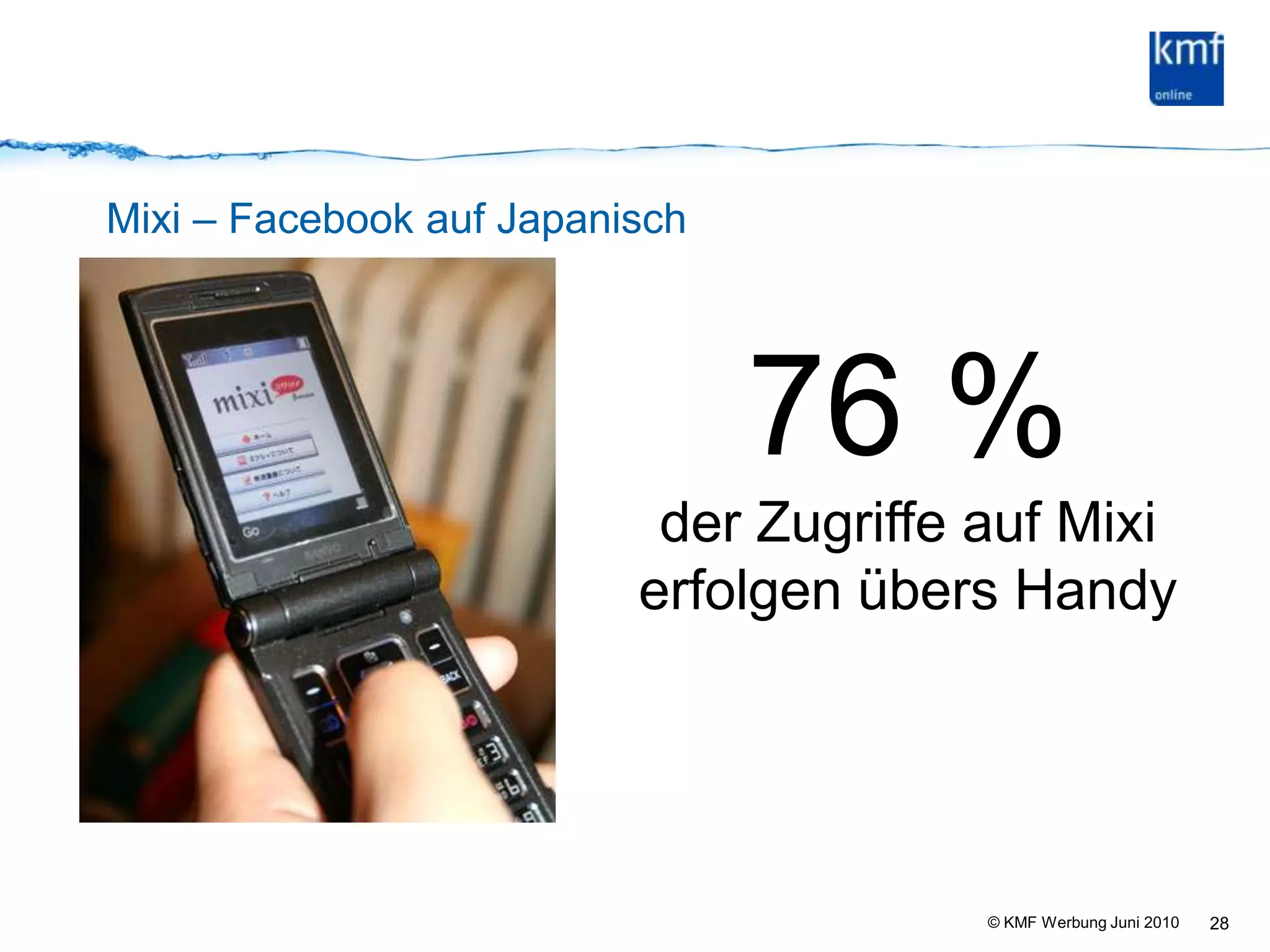 Mixi – Facebook auf Japanisch2876 %der Zugriffe auf Mixi erfolgen übers Handy 