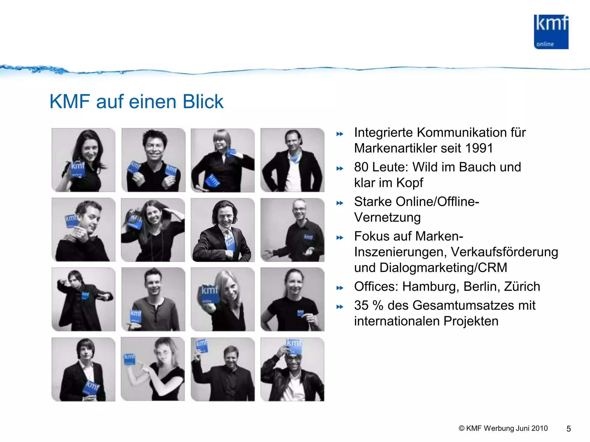 5KMF auf einen BlickIntegrierte Kommunikation für Markenartikler seit 199180 Leute: Wild im Bauch und klar im KopfStarke Online/Offline-VernetzungFokus auf Marken-Inszenierungen, Verkaufsförderung und Dialogmarketing/CRMOffices: Hamburg, Berlin, Zürich35 % des Gesamtumsatzes mit internationalen Projekten