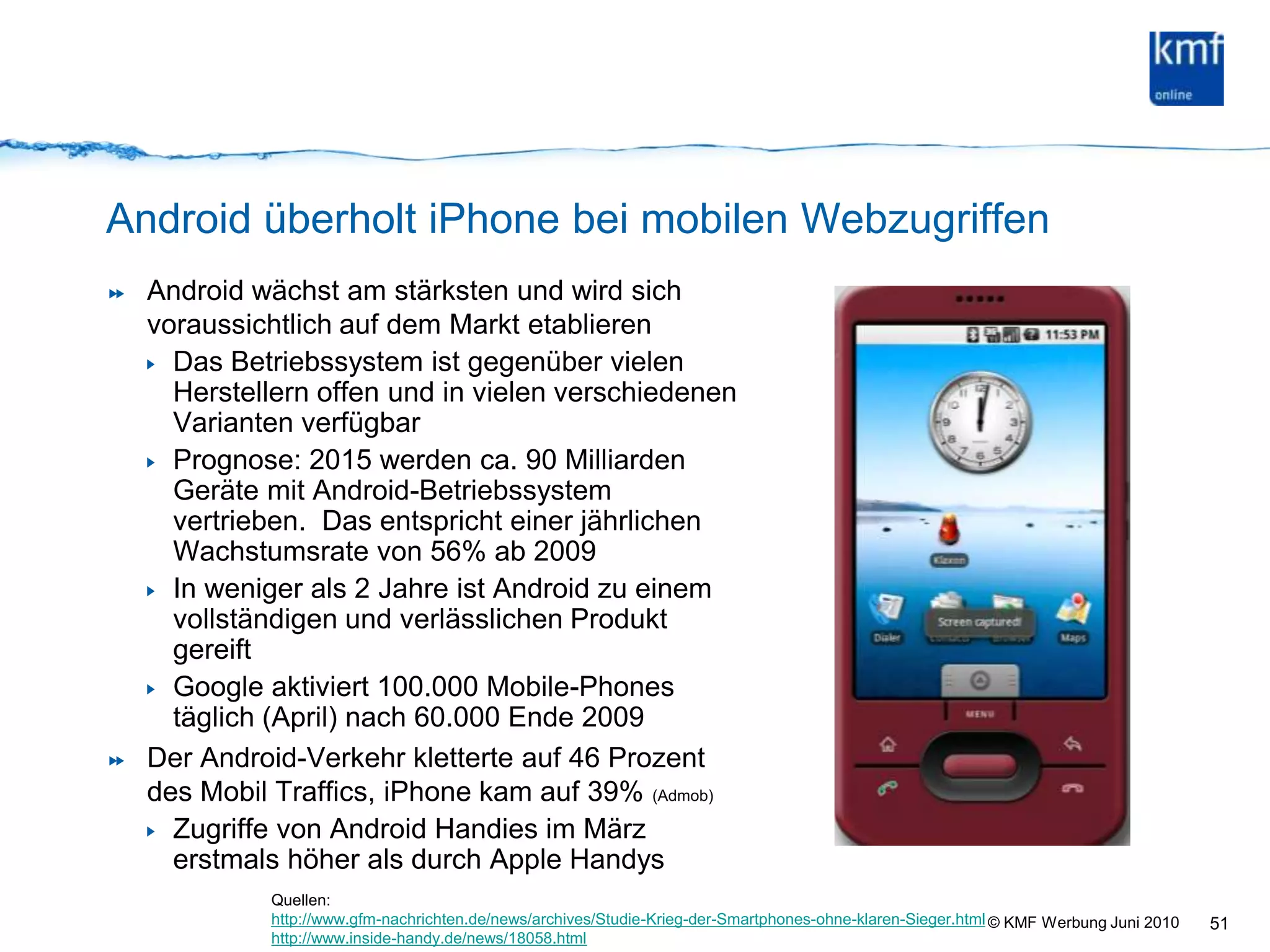 Android überholt iPhone bei mobilen WebzugriffenAndroid wächst am stärksten und wird sich voraussichtlich auf dem Markt etablieren Das Betriebssystem ist gegenüber vielen Herstellern offen und in vielen verschiedenen Varianten verfügbarPrognose: 2015 werden ca. 90 Milliarden Geräte mit Android-Betriebssystem vertrieben.  Das entspricht einer jährlichen Wachstumsrate von 56% ab 2009In weniger als 2 Jahre ist Android zu einem vollständigen und verlässlichen Produkt gereiftGoogle aktiviert 100.000 Mobile-Phones täglich (April) nach 60.000 Ende 2009 Der Android-Verkehr kletterte auf 46 Prozent des Mobil Traffics, iPhone kam auf 39% (Admob)Zugriffe von Android Handies im März erstmals höher als durch Apple Handys51Quellen: http://www.gfm-nachrichten.de/news/archives/Studie-Krieg-der-Smartphones-ohne-klaren-Sieger.htmlhttp://www.inside-handy.de/news/18058.html