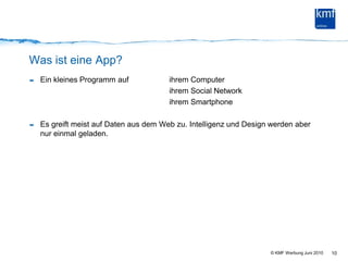 Was ist eine App?Ein kleines Programm auf 		ihrem Computer					ihrem Social Network					ihrem SmartphoneEs greift meist auf Daten aus dem Web zu. Intelligenz und Design werden aber nur einmal geladen.10