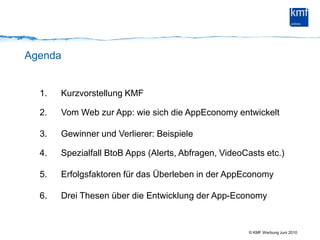 AgendaKurzvorstellung KMF Vom Web zur App: wie sich die AppEconomy entwickeltGewinner und Verlierer: Beispiele Spezialfall BtoB Apps (Alerts, Abfragen, VideoCasts etc.)Erfolgsfaktoren für das Überleben in der AppEconomyDrei Thesen über die Entwicklung der App-Economy