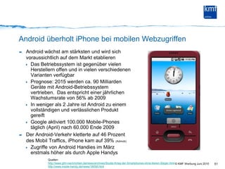 Android überholt iPhone bei mobilen WebzugriffenAndroid wächst am stärksten und wird sich voraussichtlich auf dem Markt etablieren Das Betriebssystem ist gegenüber vielen Herstellern offen und in vielen verschiedenen Varianten verfügbarPrognose: 2015 werden ca. 90 Milliarden Geräte mit Android-Betriebssystem vertrieben.  Das entspricht einer jährlichen Wachstumsrate von 56% ab 2009In weniger als 2 Jahre ist Android zu einem vollständigen und verlässlichen Produkt gereiftGoogle aktiviert 100.000 Mobile-Phones täglich (April) nach 60.000 Ende 2009 Der Android-Verkehr kletterte auf 46 Prozent des Mobil Traffics, iPhone kam auf 39% (Admob)Zugriffe von Android Handies im März erstmals höher als durch Apple Handys51Quellen: http://www.gfm-nachrichten.de/news/archives/Studie-Krieg-der-Smartphones-ohne-klaren-Sieger.htmlhttp://www.inside-handy.de/news/18058.html