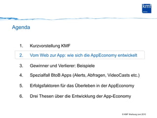 AgendaKurzvorstellung KMF Vom Web zur App: wie sich die AppEconomy entwickeltGewinner und Verlierer: Beispiele Spezialfall BtoB Apps (Alerts, Abfragen, VideoCasts etc.)Erfolgsfaktoren für das Überleben in der AppEconomyDrei Thesen über die Entwicklung der App-Economy