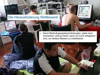 Die Herausforderung WettbewerbKeine Markt-Zugangsbeschränkungen: Jeder kann mitmachen. Und es reicht, wenn nur 0,2% erfolgreich sind, um weitere Massen zu mobilisieren.66