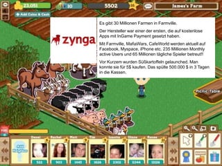 74Es gibt 30 Millionen Farmen in Farmville.Der Hersteller war einer der ersten, die auf kostenlose Apps mit InGame Payment gesetzt haben. Mit Farmville, MafiaWars, CafeWorld werden aktuell auf Facebook, Myspace, iPhone etc. 235 Millionen Monthlyactive Users und 65 Millionen tägliche Spieler betreut!!Vor Kurzem wurden Süßkartoffeln gelaunched. Man konnte sie für 5$ kaufen. Das spülte 500.000 $ in 3 Tagen in die Kassen. 